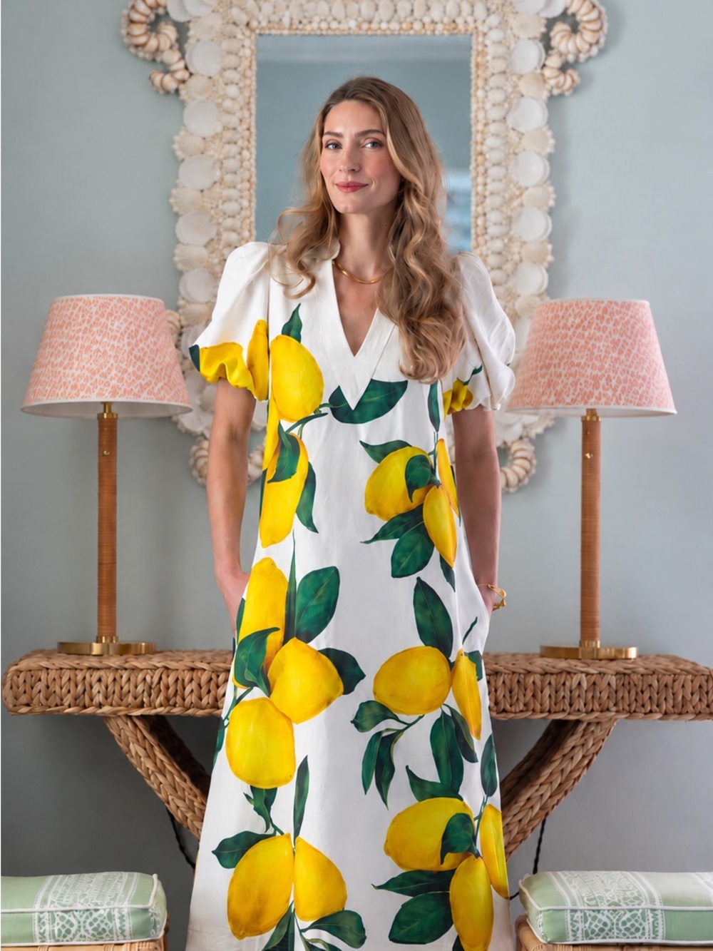 Brand White V-Neck Midi Dress with Yellow Lemon Print